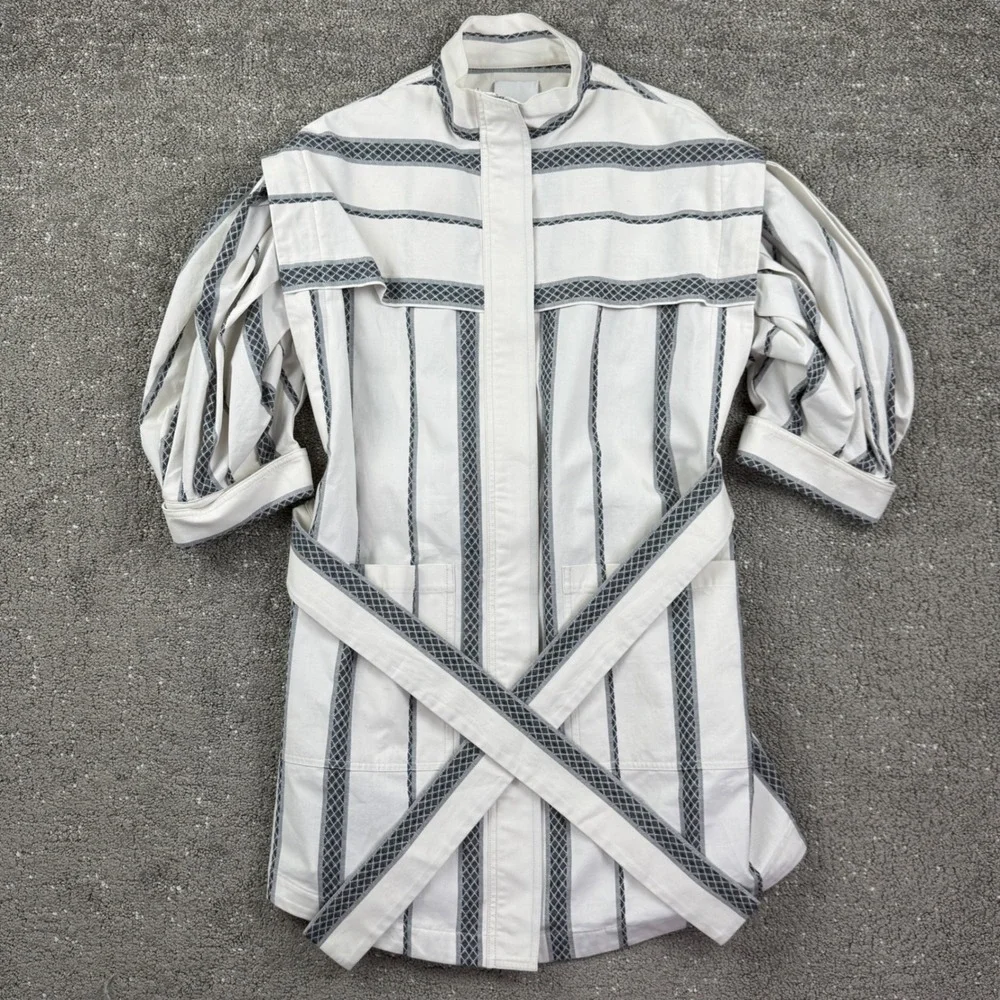 Acler Striped Mini Dress Womens US 4 Cream Grey Puff Sleeve Belted Chic
